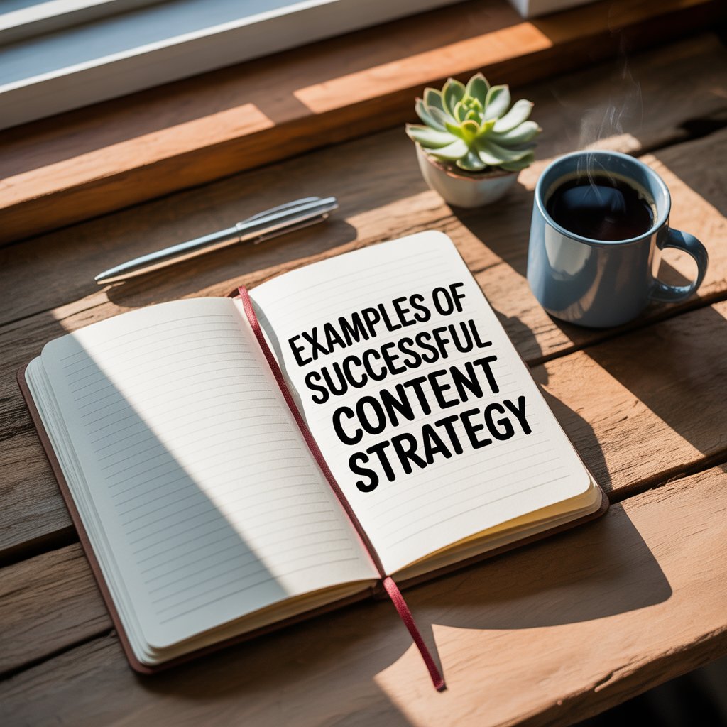 A notebook with a note of "Examples of successful content strategy"