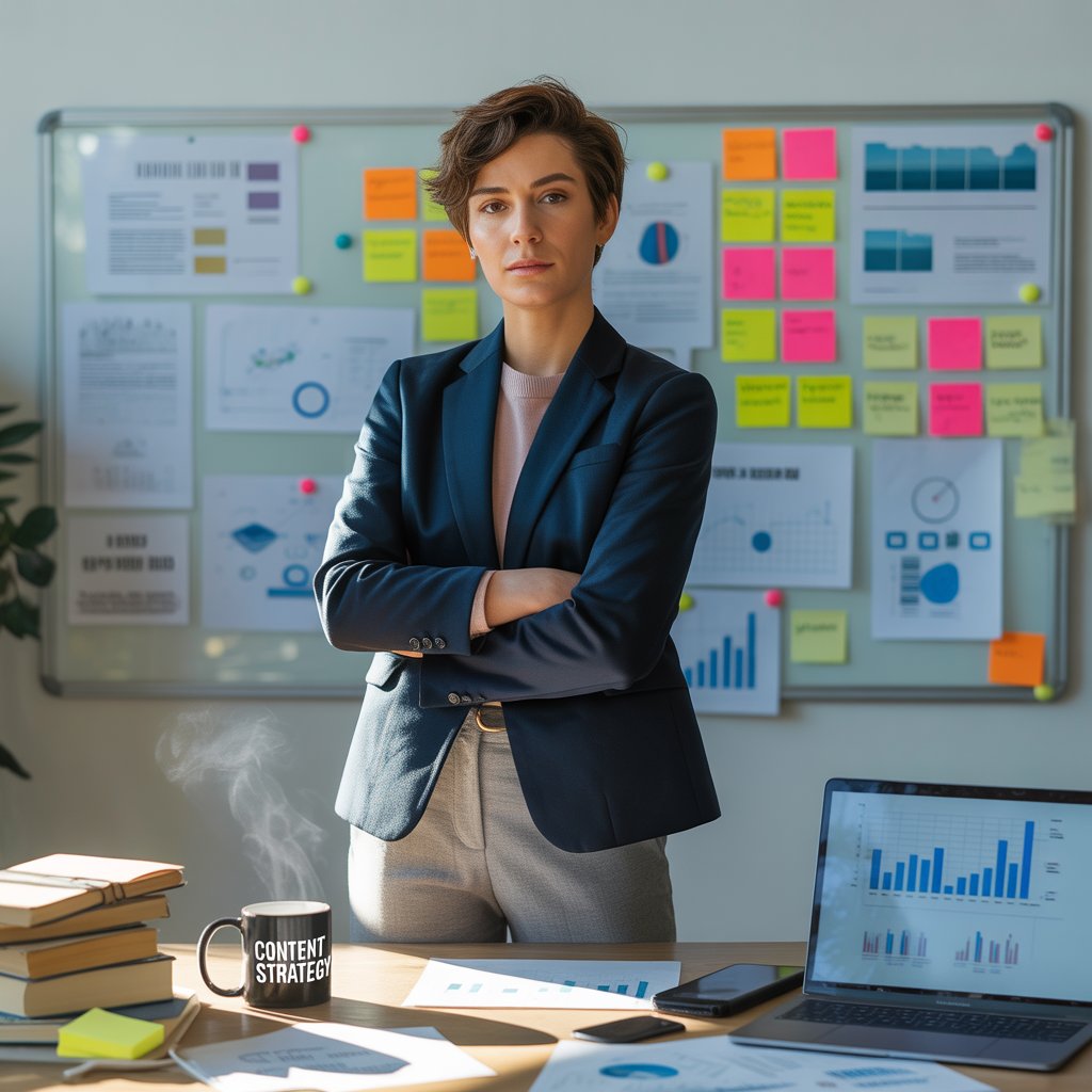 A female content strategist standing in front of a cardboard symbolizing how hard it is to work as a content strategist.