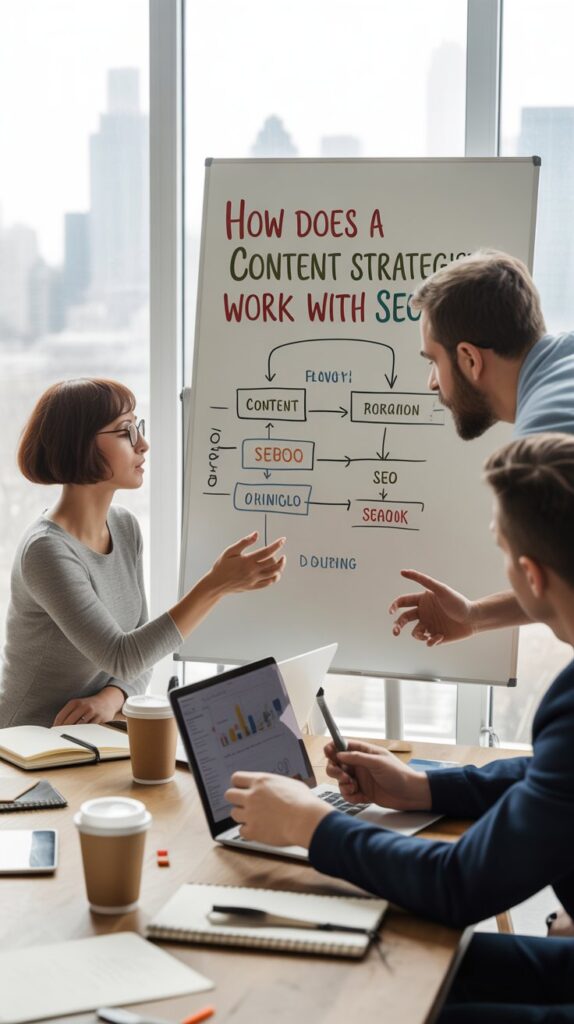 A team having discussions on how a content strategist play role when it comes to SEO. 