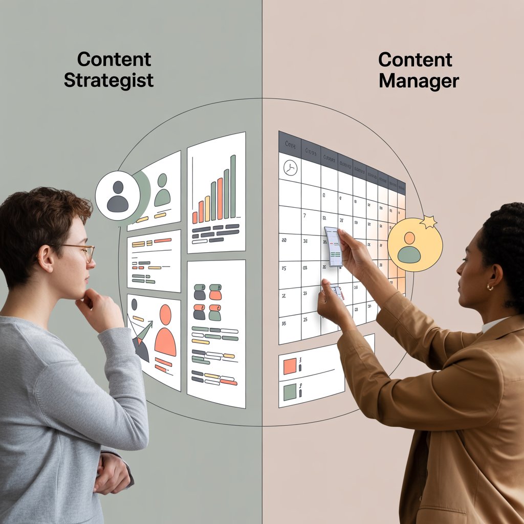 An image split into 2 parts displaying a difference between content manager and content startegist.
