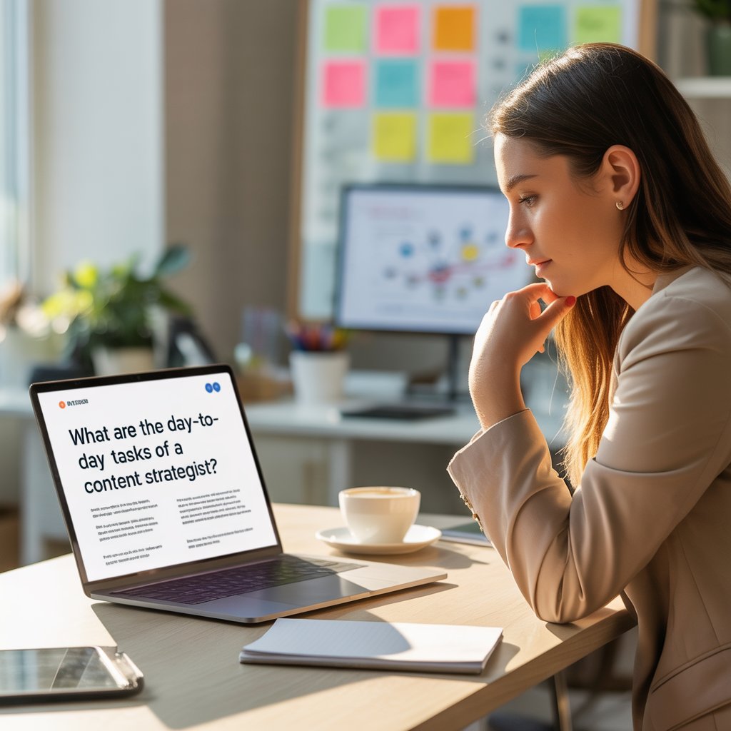 A girl reading a blog on "What are the day to day tasks of a content strategist?"
