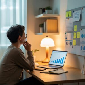 A person sitting with his laptop thinking about the exact role of Content Strategist.