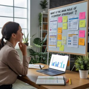 A girl sitting in front of a cardboard analyzing the role of a content strategist