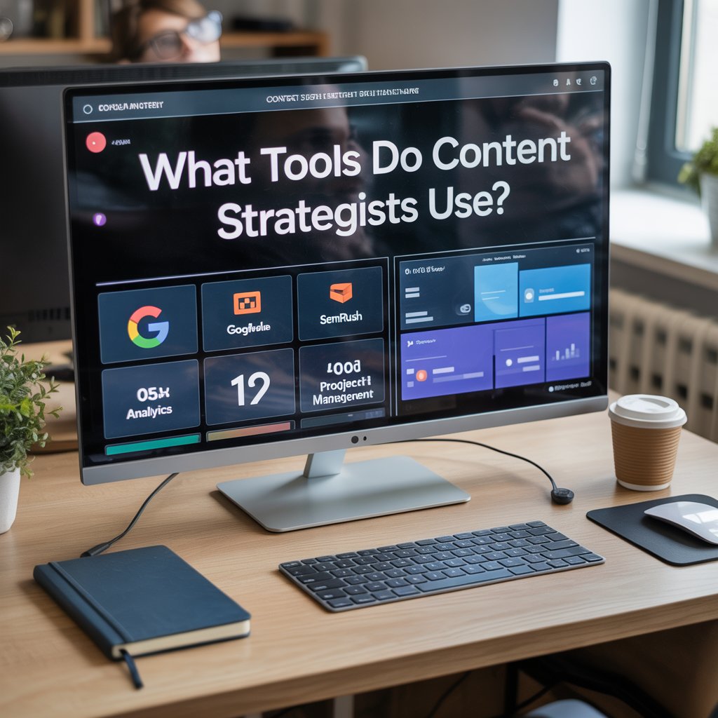 A laptop displaying a large text which says "What Tools do Content Strategist need?"