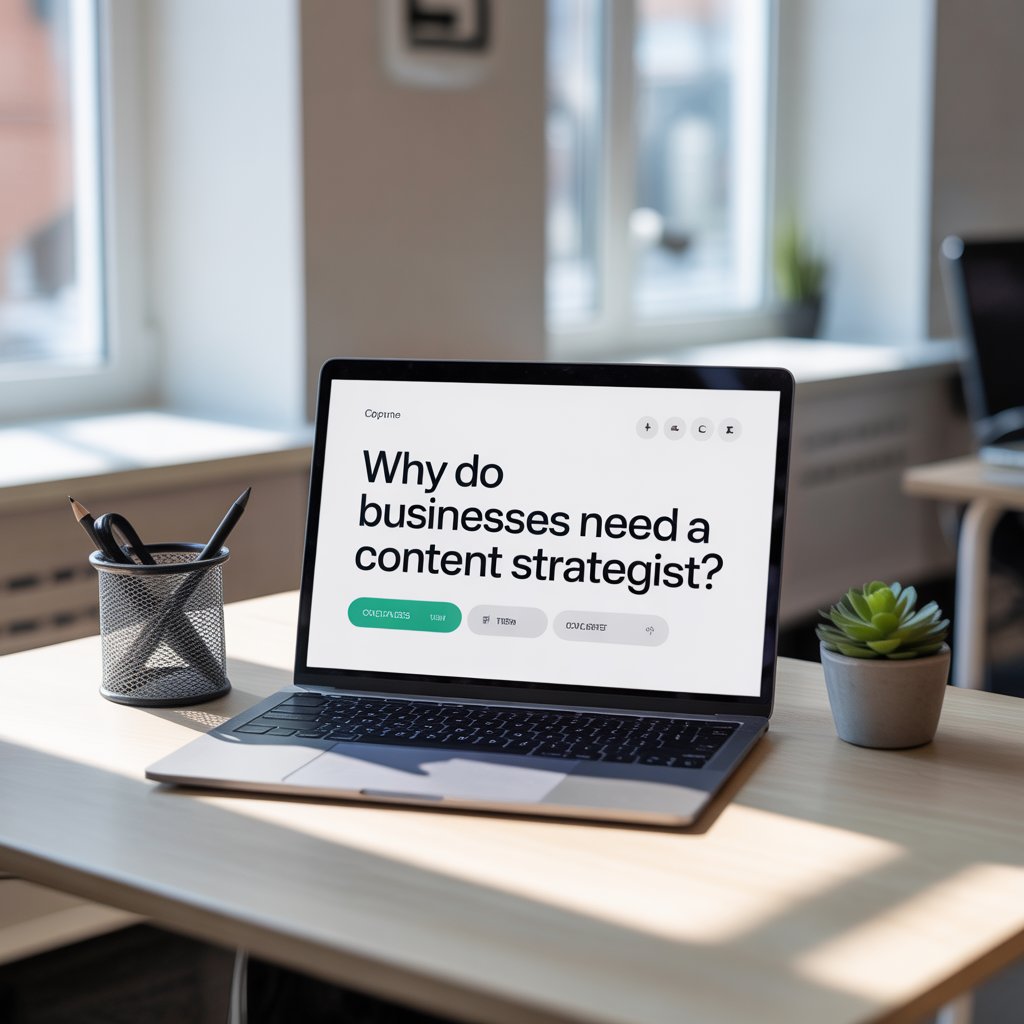 A laptop with a displaying text of "Why do businesses need a content strategist?"